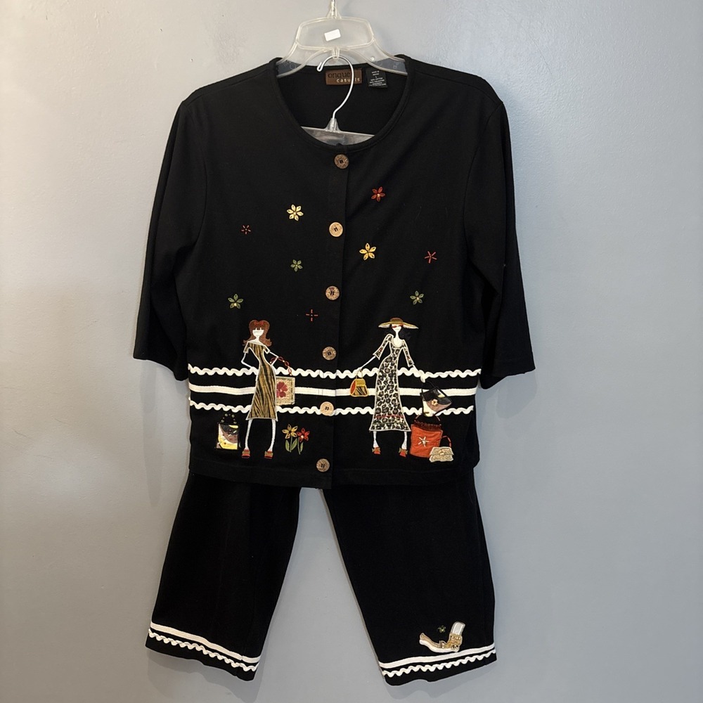 Onque Casuals Black 2Pc Button Front Cardigan Matching Pants Shopper Appliqués L